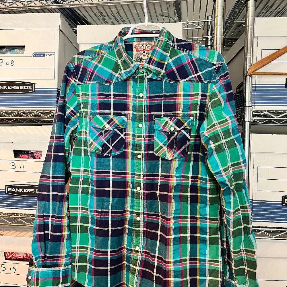 Men's "Just a Cheap Shirt" Blue/Green plaid snap front Size L